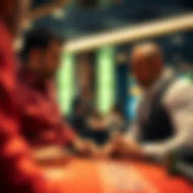 A friendly dealer explaining game rules to a novice player