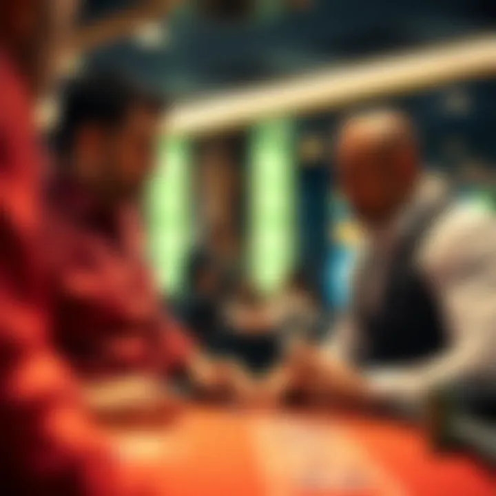 A friendly dealer explaining game rules to a novice player