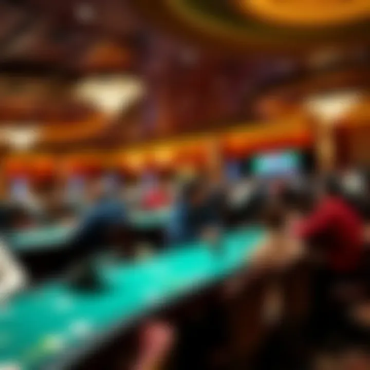 A panoramic view of gaming tables in Caesars Room with players engaged