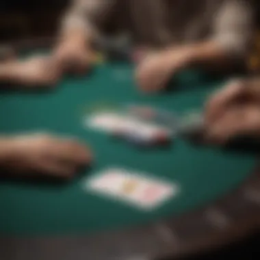 Close-up of a poker table with chips and cards during a tournament