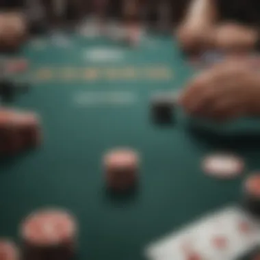 A close-up of a poker table with chips and cards arranged strategically