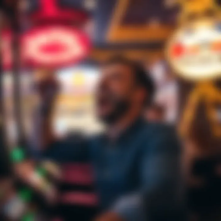 A player excitedly celebrating a big win at a slot machine