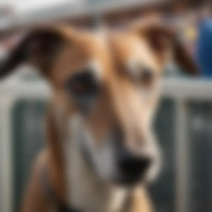 Close-up of a greyhound in the starting gate