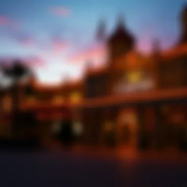 An elegant shot of the casino's exterior at sunset highlighting its architecture.