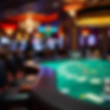 Close-up of gaming tables featuring poker and blackjack at the casino.