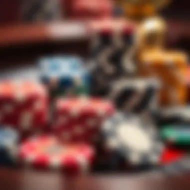 A close-up of roulette chips with different colors and values