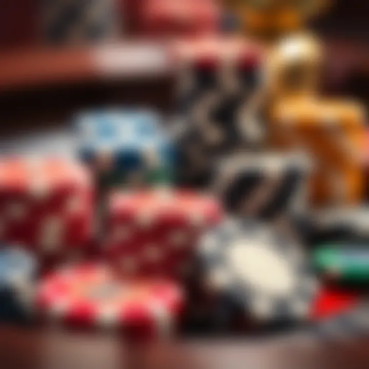 A close-up of roulette chips with different colors and values