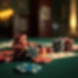 A close-up of poker chips and cards on a table, symbolizing strategy and skill.