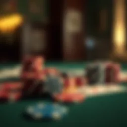 A close-up of poker chips and cards on a table, symbolizing strategy and skill.