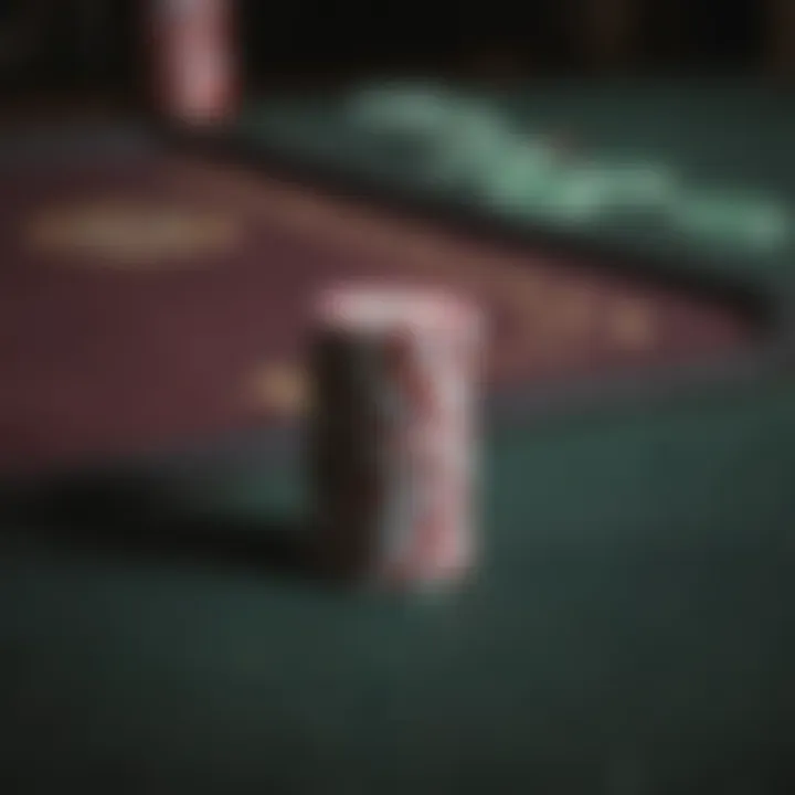 Close-up of poker chips and cards on a table