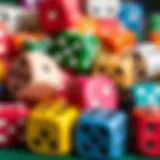 Close-up of various colored dice arranged artistically