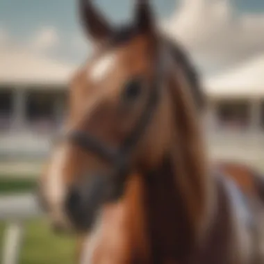 A close-up of a thoroughbred horse, highlighting its athleticism and beauty, ready for the race.