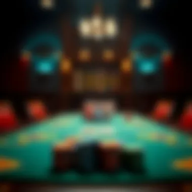 Detailed setup of a rounders poker table with chips and cards