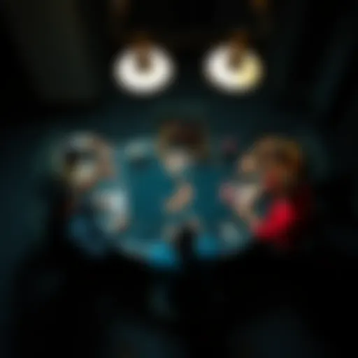 Aerial View of Championship Poker Action Aerial view of a championship poker table with players engaged in a high-stakes game