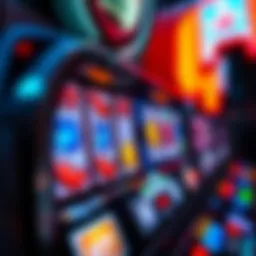 Close-up view of a slot machine interface showcasing vibrant symbols and LED lights